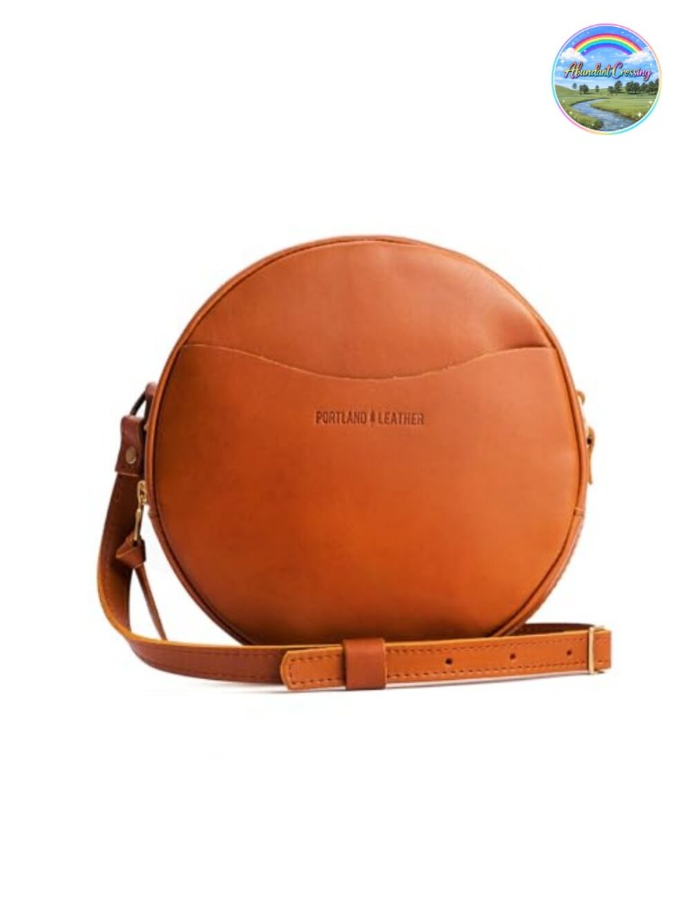 Full-Grain Leather Circle Crossbody Bag Adjustable Strap Zipper